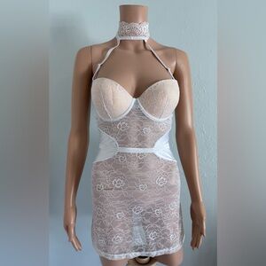 Fredericks of Hollywood Mirella high neck white lace chemise set NWOT M